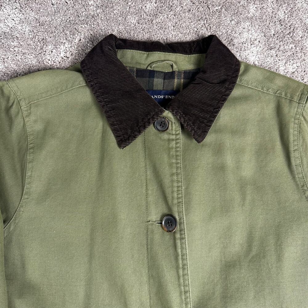 Lands End Barn Jacket Size M Olive Green Corduroy Collar Plaid Lined Outdoorsy - Picture 2 of 6
